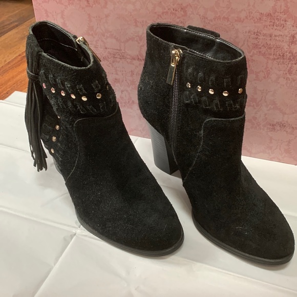 INC Western Stud/tassels, Black Suede Leather Ankle Booties Size 8.5, 4” heels - Picture 2 of 6